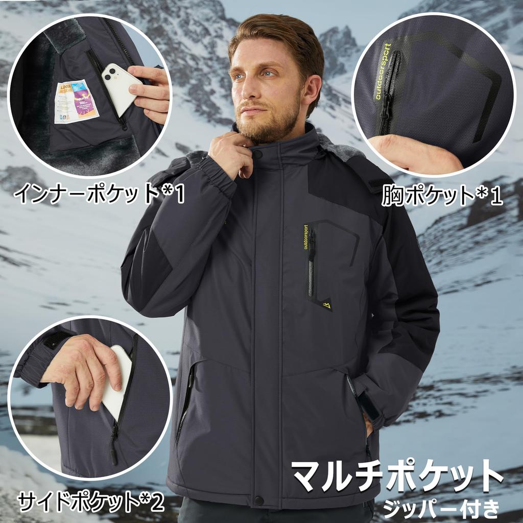 KEFITEVD Winter Mountain Windproof and Warm Jacket for and Gray and Size L Men's Parka, Fleece-Lined Mountaineering, Camping, Fishing, Black, (JP)