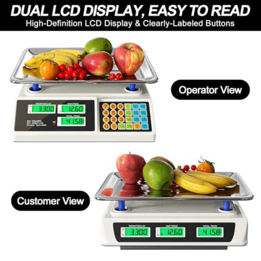 Price Computing Scale 88lb/40kg LCD Digital Commercial Price Scale with Stainless Steel PlatformProduce Scale Food Scale for Fa