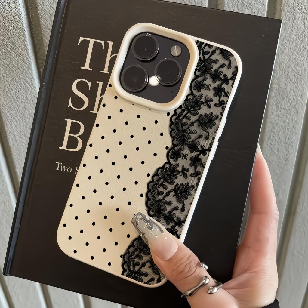 Black Polka Dot with Right Lace Pattern Lychee Texture TPU Phone Case, Full Package Fashion Cover for iPhone 17 Pro Max 16 15 14 13 12 11, 1pc