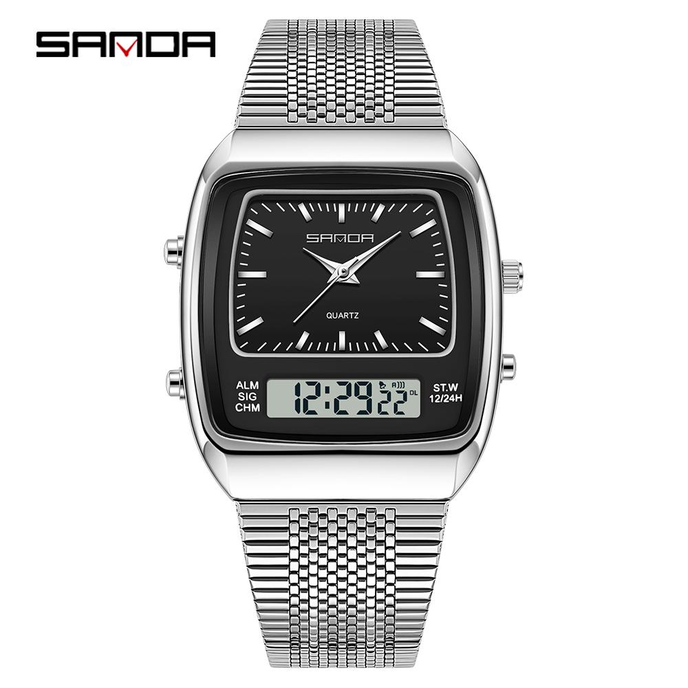 Fashion Sanda 3393 Electronic Quartz Watch Multifunction Dual Display Clock Luminous Casual Mens Women Unisex Time Digital Watch