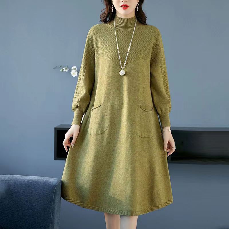 Solid Color Half Turtleneck Mid-length Knitted Dress for Women Long-sleeved Pullover Warm Winter Women's Sweater Dress