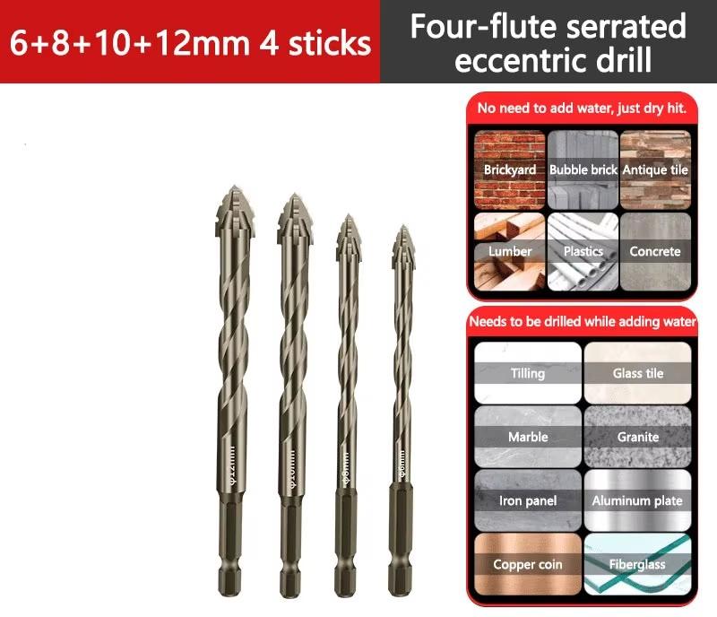 

High-Strength 4-Flute Serrated Eccentric Drill Bit Dry Drilling For Ceramic Tile/Glass/Marble Concrete Hex Skewed Head Drill Bit