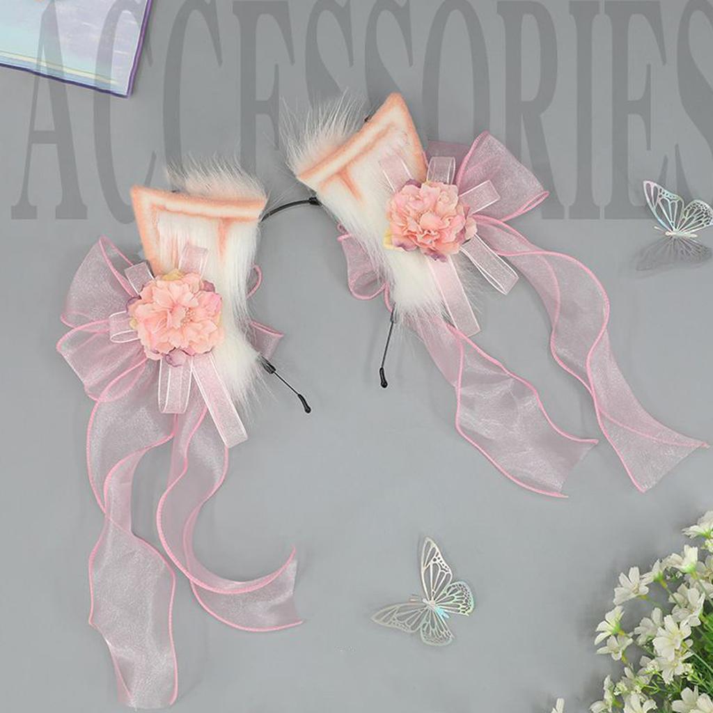 Sweet Students Woman Cat Ear Hairband with Flower&Bowknot Gorgeous Cat Ear Headbands Chinese Style Hanfu Hair Hoop