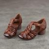 Johnature Genuine Leather Hand Woven Hollow-out Coarse Heel Sandals Retro Versatile High Heel Women's Shoes