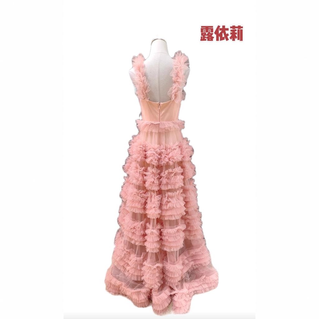 European and American exports sexy V-neck ruffle edge splicing pink cake long dress dress