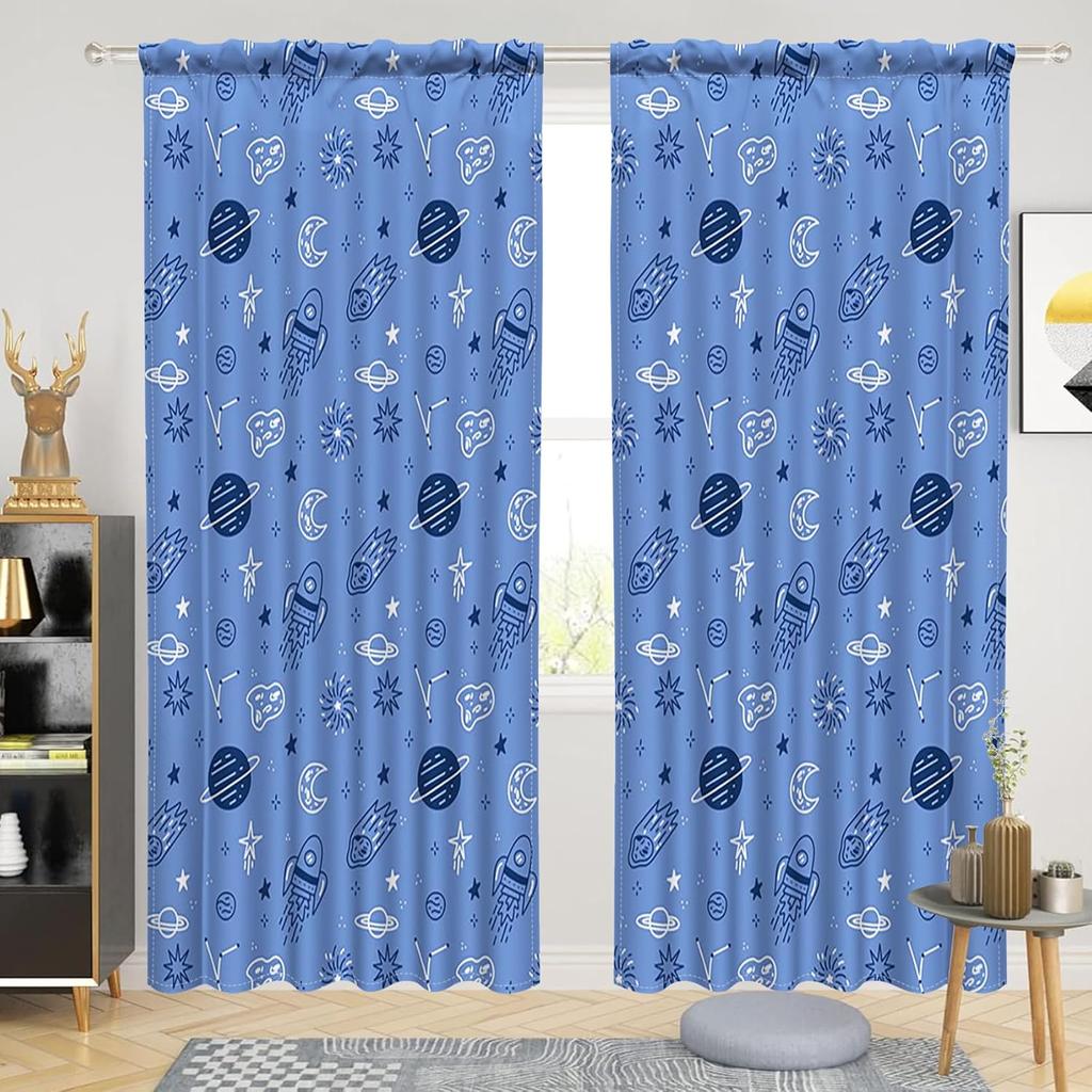 Cartoon Space Blackout Curtains For Kid Boy Bedroom Study Game Room Rocket Planet Solar System Blue Linen Window Treatment
