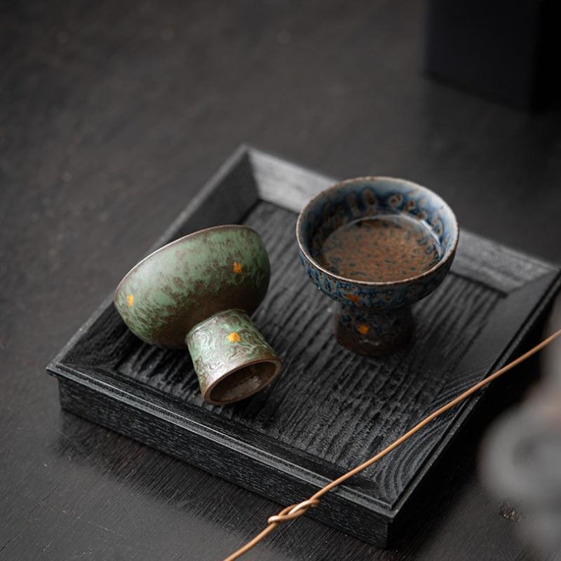 Luxury Ceramic Teacup Old Rock Mud Bronze Glaze Silver Gilding Unique Chinese Tea Cup High Foot Design Home Decor Tea Set