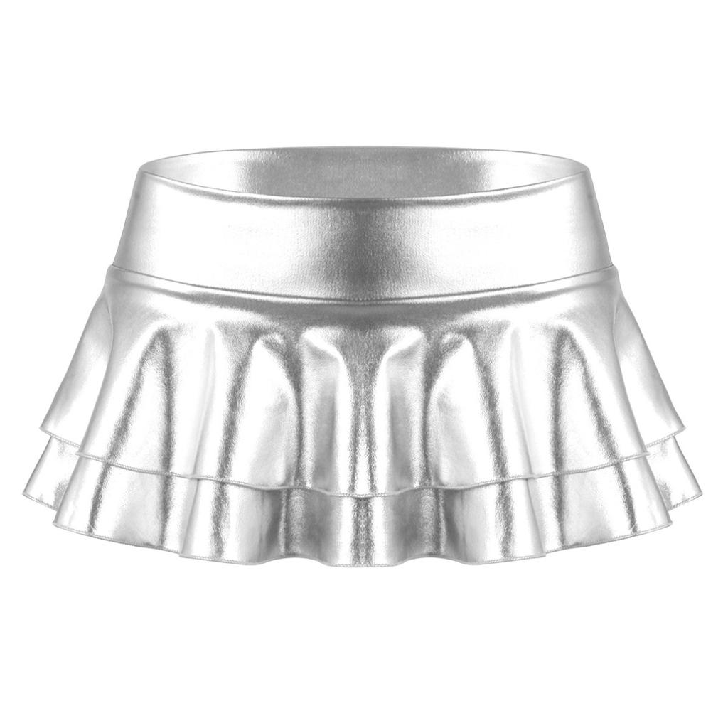 Dámské sexy metalické kožené vrstvené řasené minisukně mokrého vzhledu