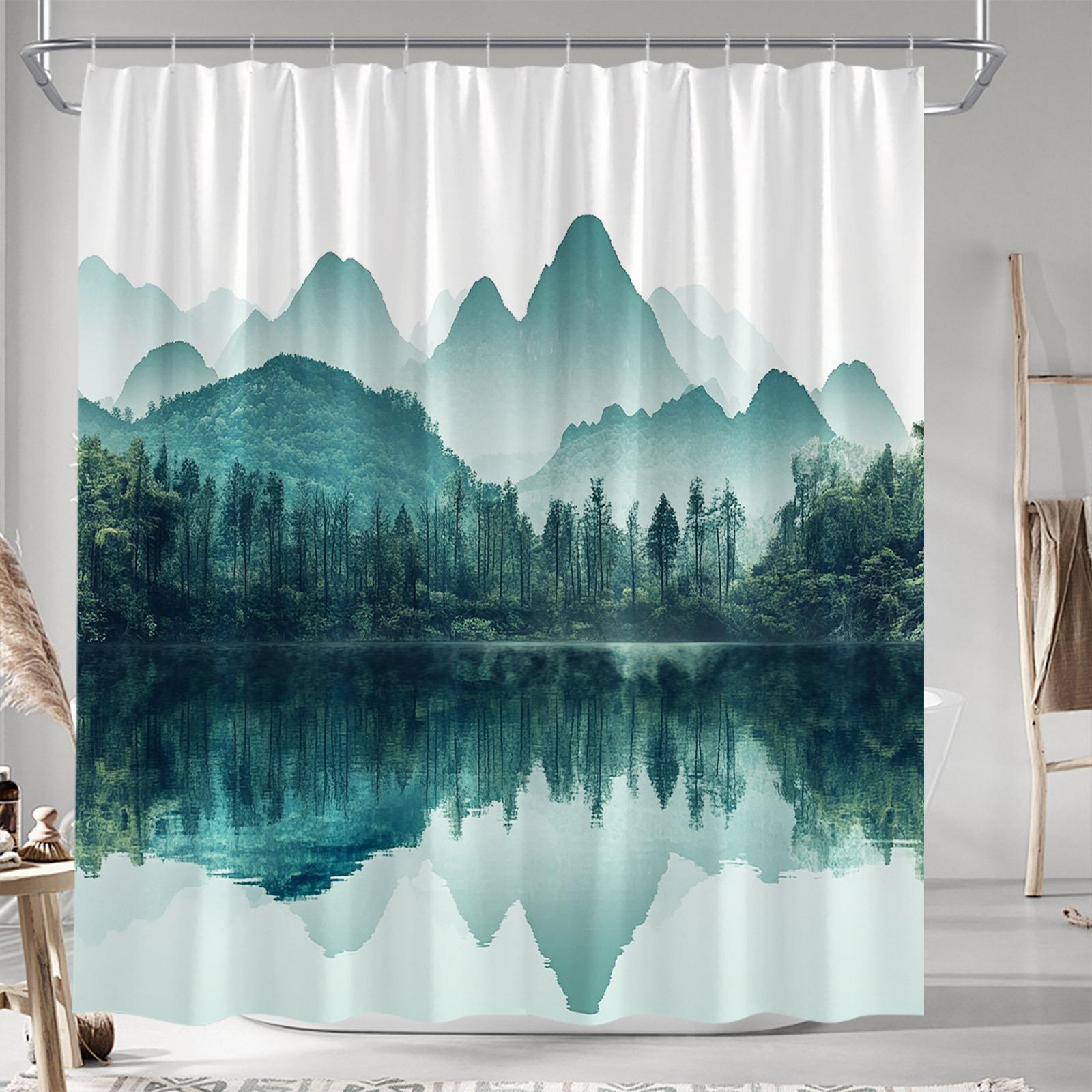Занавеска для душа «Безмятежная природа» - Туманная гора и озеро, 70,8x70,8 дюйма, Машинная стирка, Полиэстер, 12 крючков, Модный декор для ванной W90XH180cm