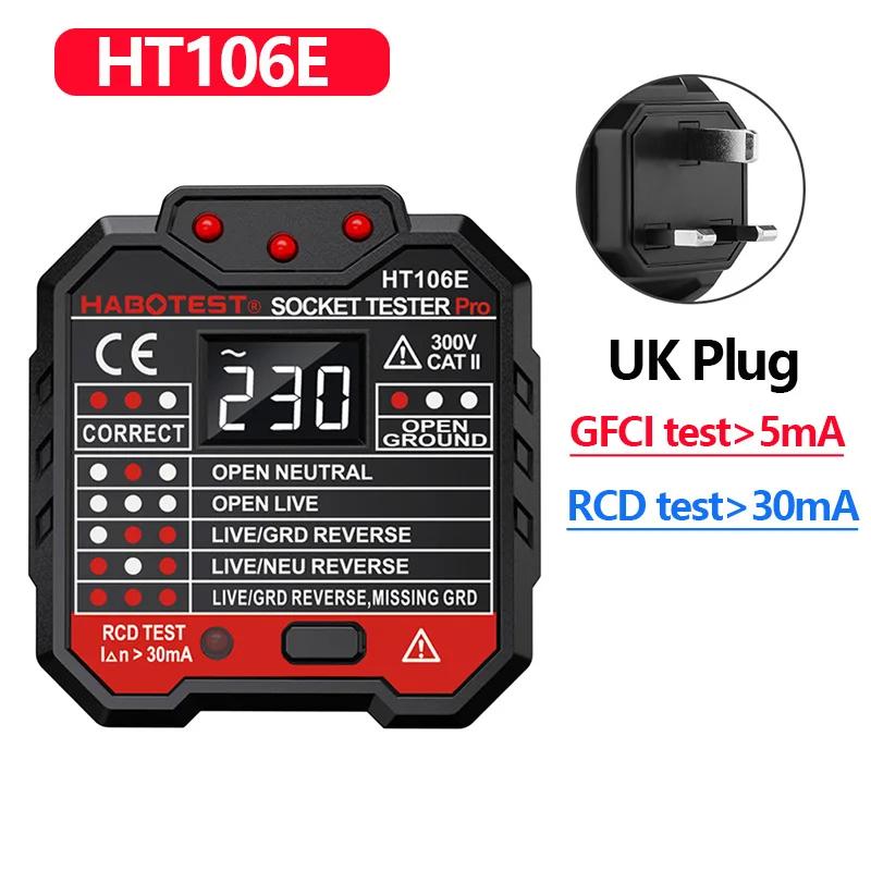 HT106/HT107 Digital Outlet Socket Detector Voltage Test Socket Testers US/UK/EU Plug Ground Zero Line Phase Check RCD NCV Tester