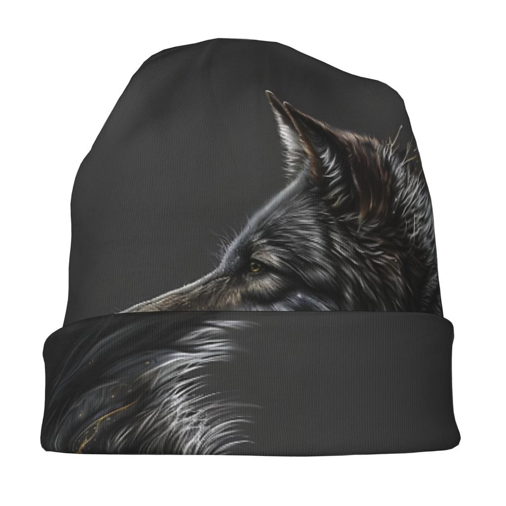 Night Moon Wolf Realistic Wolf Head Design Skull Cap Beanie Hat - Black Unisex Hip Hop Fashionable Winter Hat For Men & Women, C