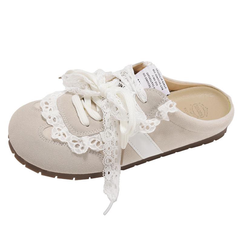 Lace Retro Versatile Soft-soled Bag Head Thick-soled Slippers Women's Summer Outer Wear 2025 New Inner Height Increase Half-drag Single Shoes