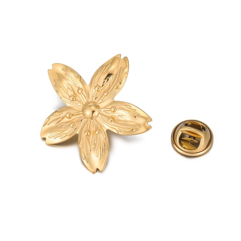 Womens Jewelry Four Petal Flower Brooch French Style Stainless Steel Gold Color Trendy Pin for Wedding Office Gift