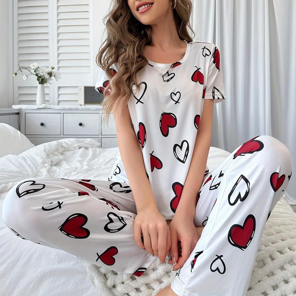 Women's Heart Print Silk Pajama Set - Short Sleeve Top & Long Pants
