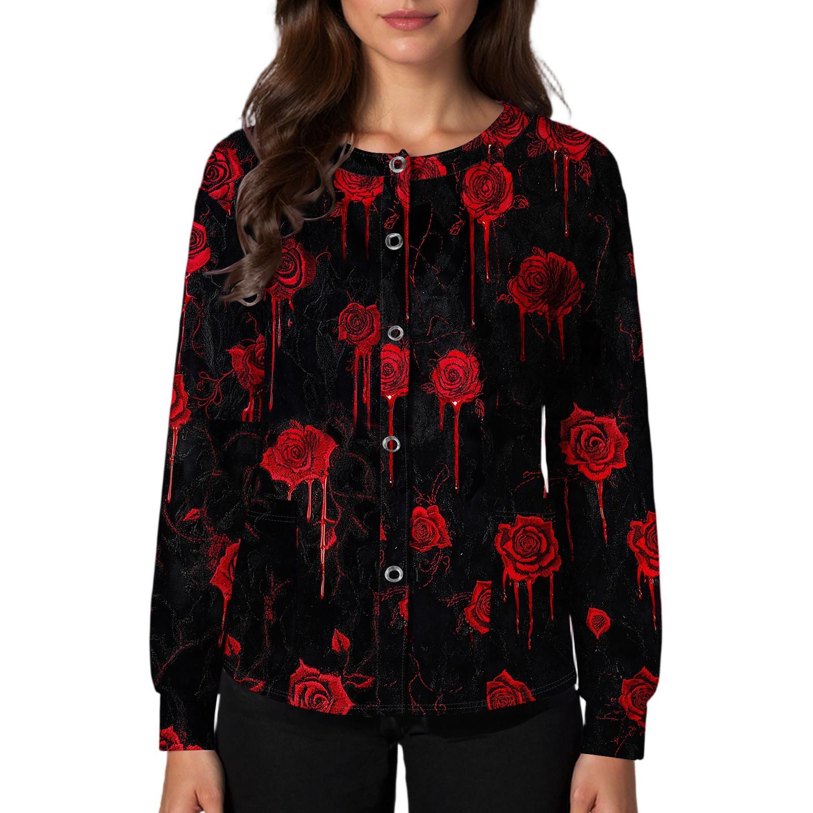 Women s Casual Fashion Single Breasted  Halloween Graphic Printed Nurses Tops S чёрный