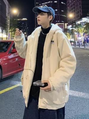 Herren Wende-Winterjacke mit Kapuze aus Lammwolle und Baumwolle, Hong Kong Stil, Lässiger Lockere Passform.