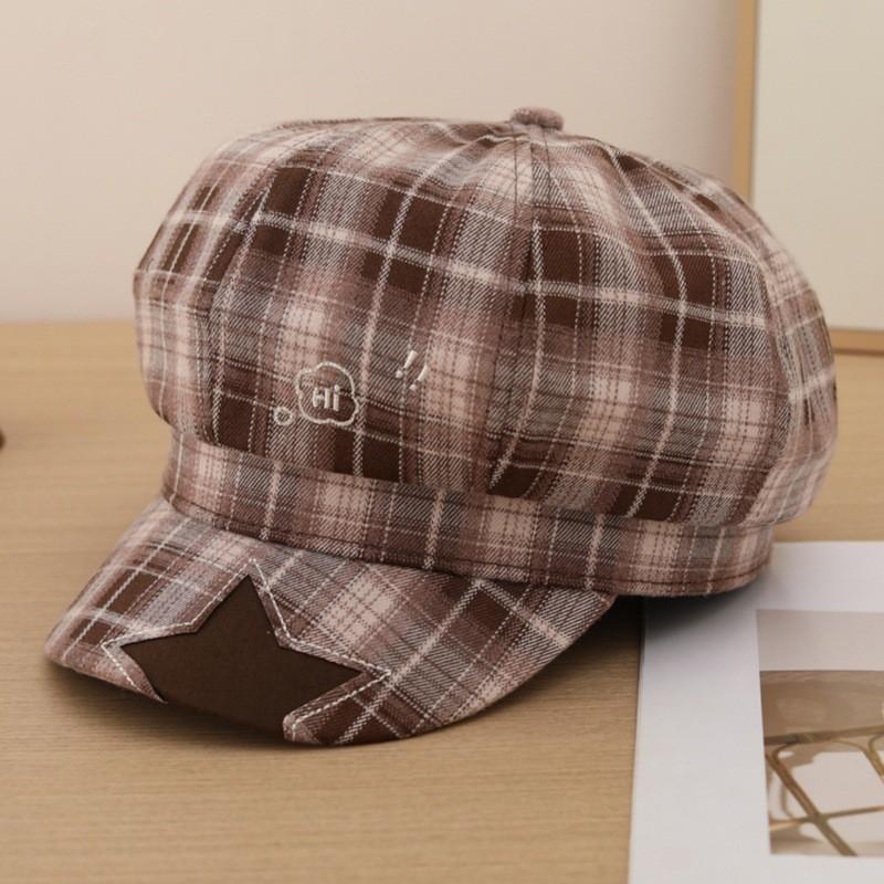 Japanese Style Vintage Plaid Octagonal Beret Hat Women - Wide Brim Sun Protection Cap Adjustable Fit Fashion