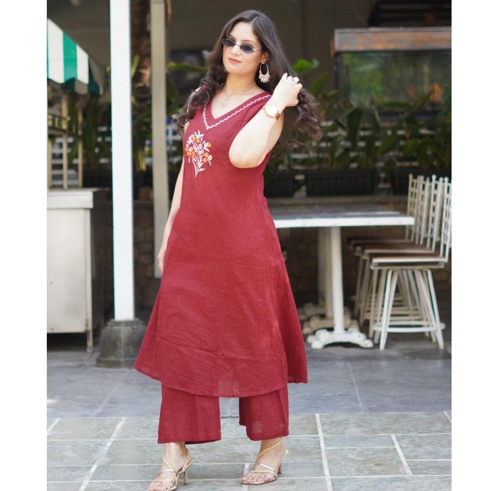 Indian Designer Party Wear Cotton Slub Kurti Women Party Wear Top Tunic Kurta Pant Set