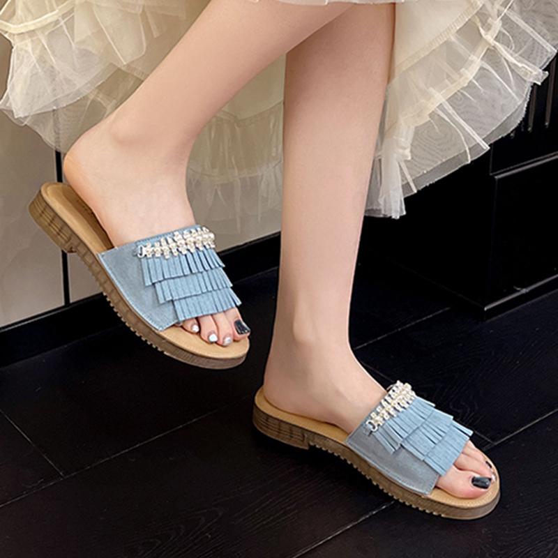 Fashion Fashion Tassel Decorated Flat Heel Outdoor Slippers Women 2025 Summer Luxury Glitter Pearl Chain Beach Sandals Soft Sole Slides