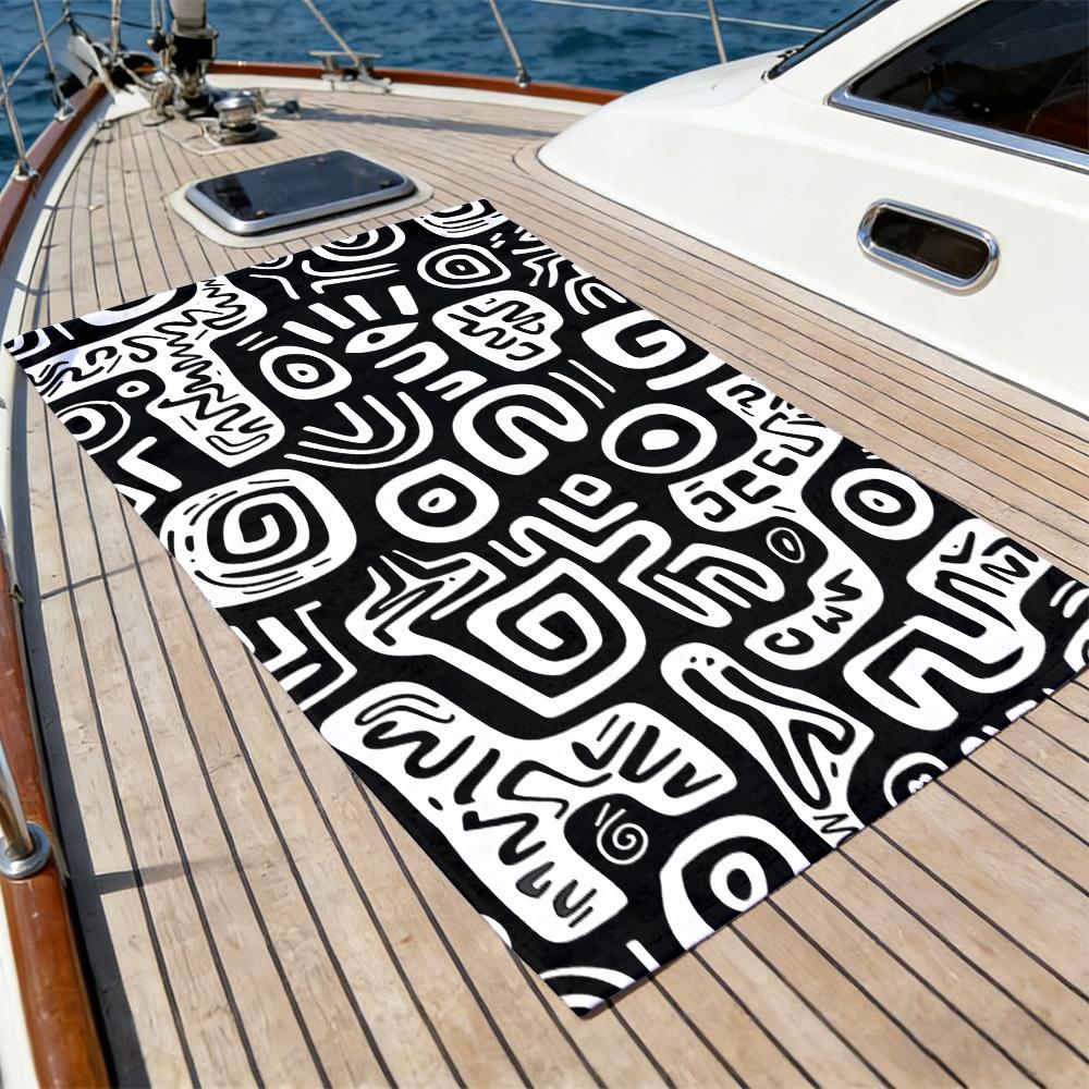 Abstract Doodle Beach Towel – Oversized Quick Dry Sand Free with Black & White Tribal Print
