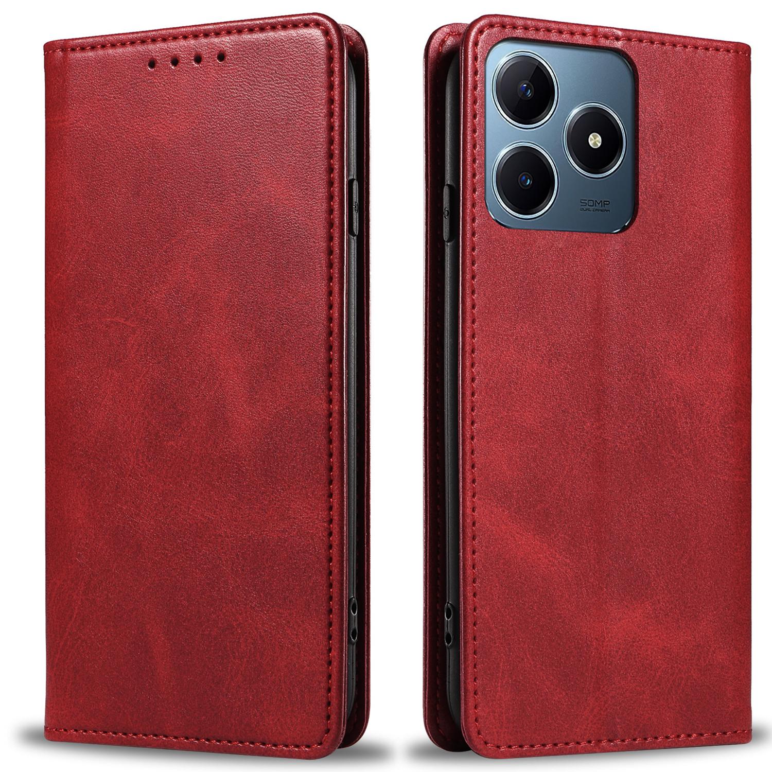 

For Realme Note 60x 4G/C63 4G/C61 4G Case Leather Calf Texture Phone Cover Stand Magnetic Closure Red
