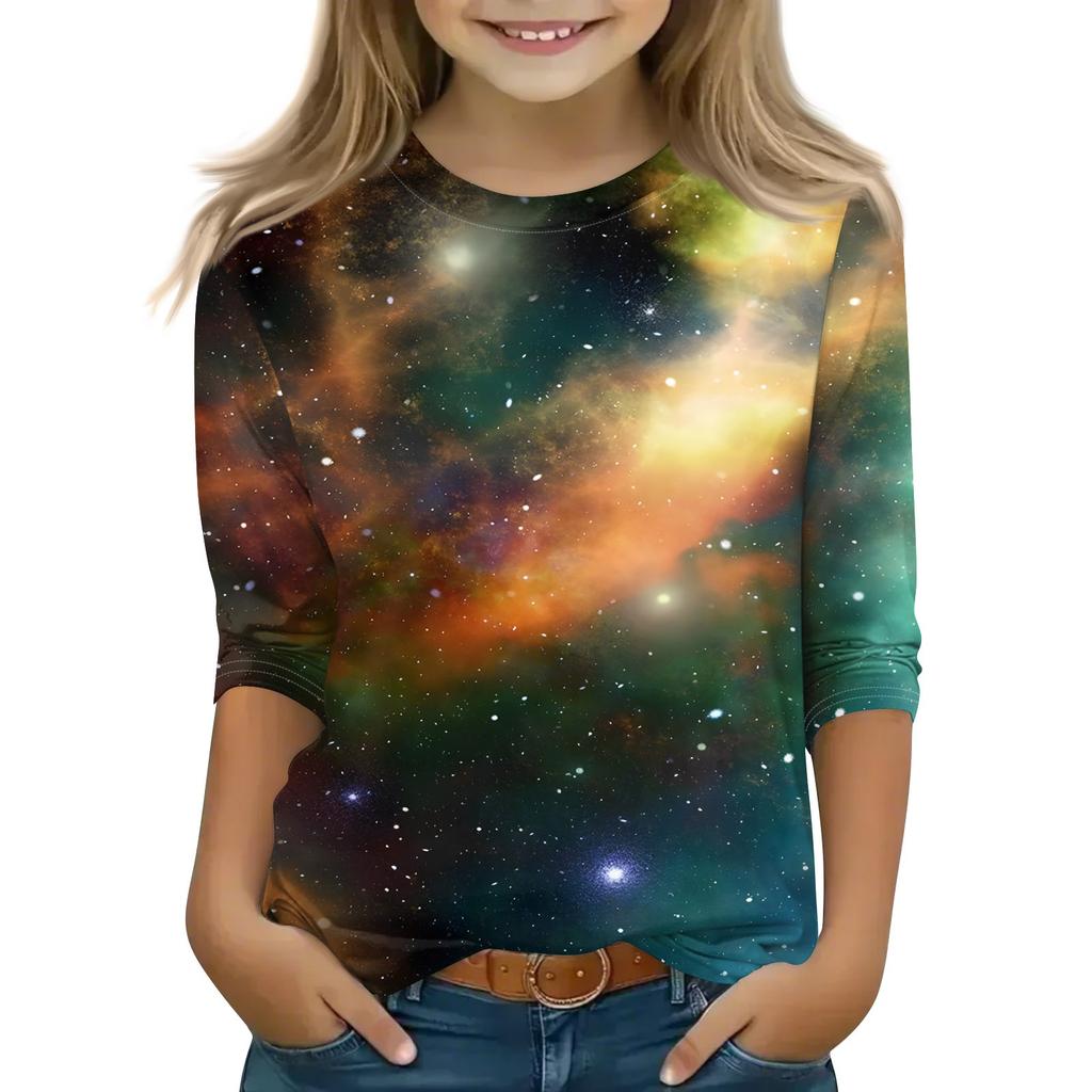 Koszulki z nadrukiem dla dziewczynek w wieku 5-16 lat, okrągły dekolt, rękawy 3/4, modne koszulki, stroje, koszulki