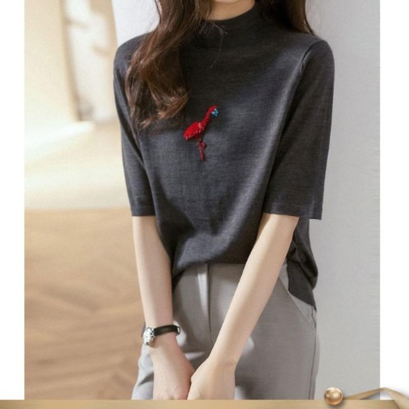 Women's Half High Neck Knitted Sweater Short Sleeved T-shirt Top