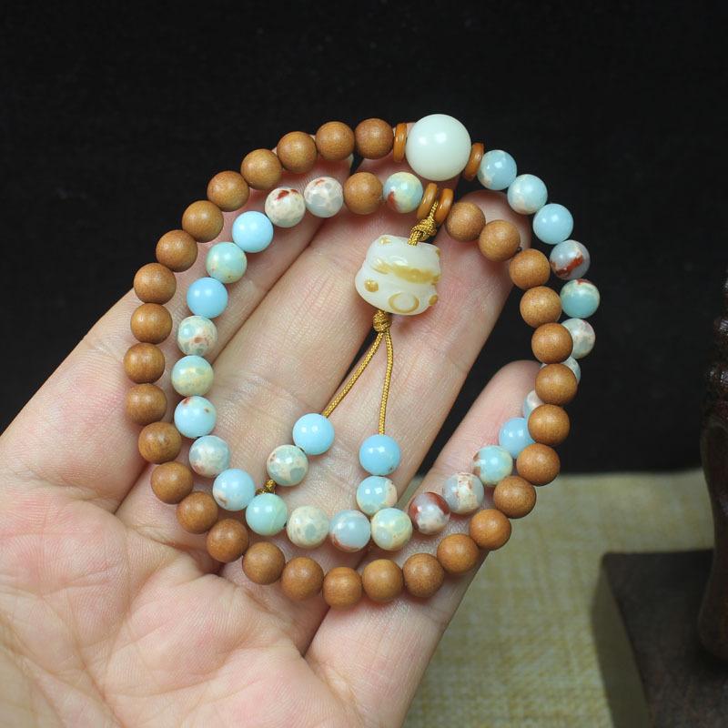 Barbie Sandalwood & Shoushan Stone 6mm Double Layer Bracelet with Cat Pendant, Fashion Jewelry for Women