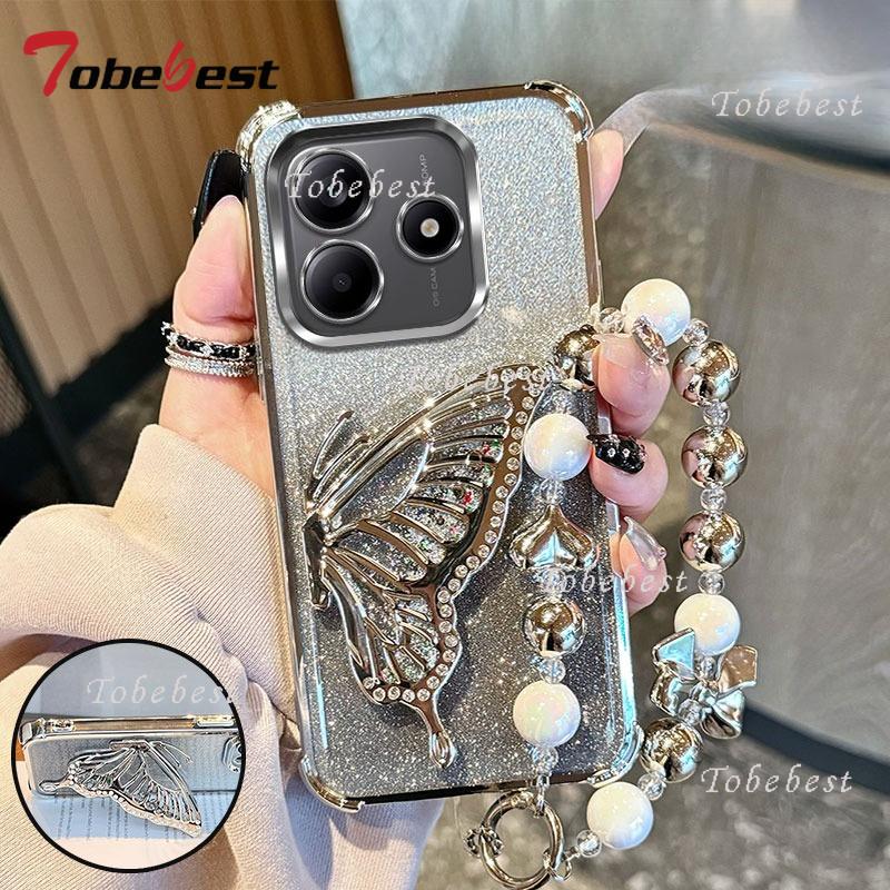 

Противоударный чехол-браслет с гальваническим покрытием, блестящей бабочкой для Xiaomi Redmi Note 14 13 12 11 10 9 9S Pro Plus 4G 5G, силиконовый чехол Redmi Note 9S серебряный