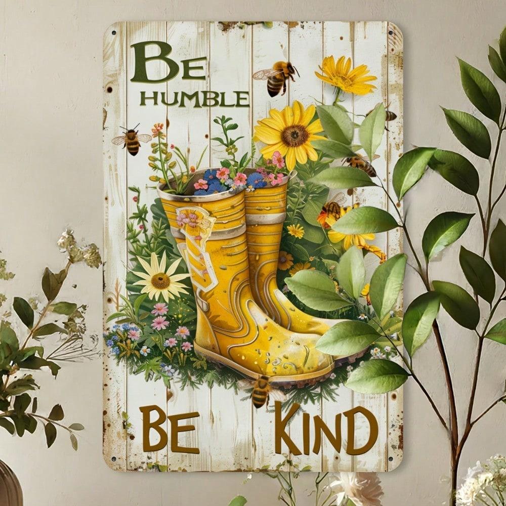 Vintage Tin Sign Wall Art Be Humble Be Kind Quote Rustic Decor with Bees 8x12 Inch