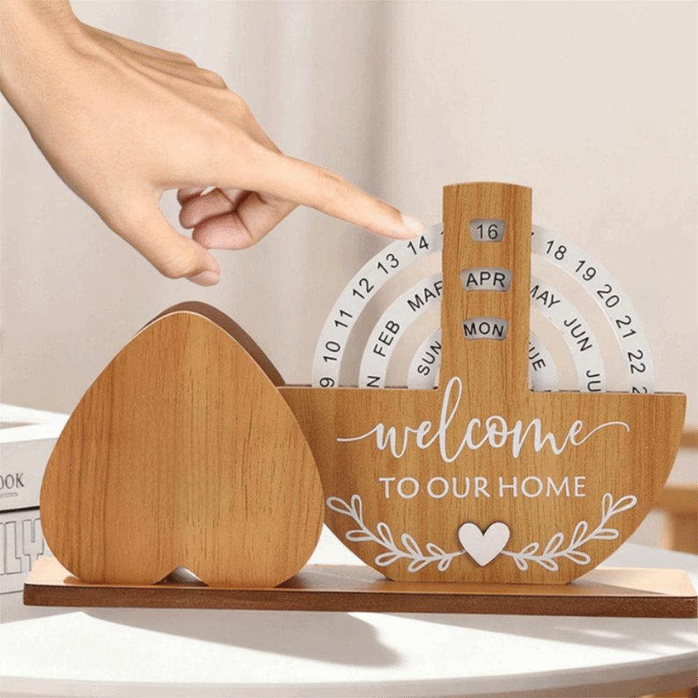 Round Rotating Calendar Wooden Creative Calendar  Home Office Desktop Decoration