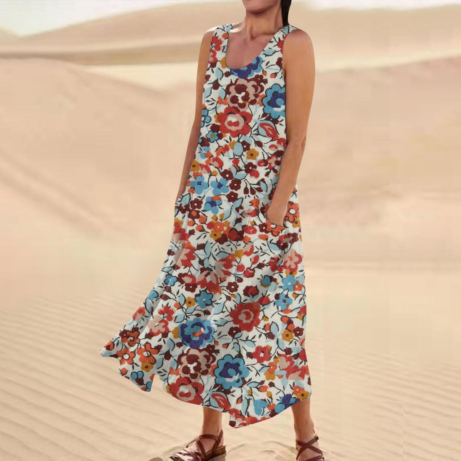 

Women s Casual Comfortable Floral Print Sleeveless Cotton Pocket Dress L помаранчевий