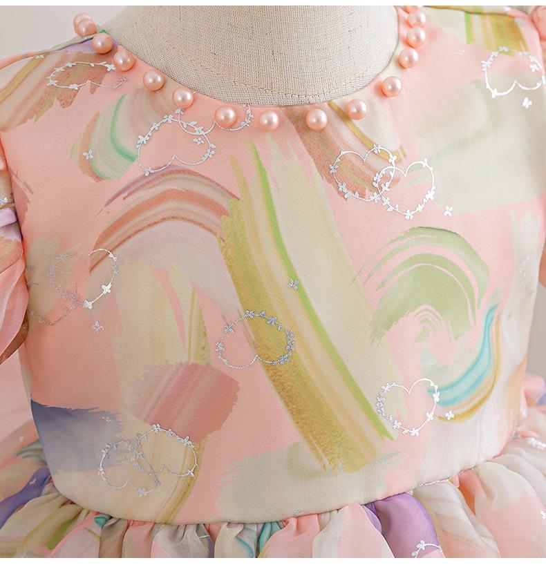 Mädchenkleid Sommer Neu Koreanisch Prinzessin Mesh Perle Rundhals Große Schleife Puffärmel Flauschiges Kleid Kinderkleidung Mädchen