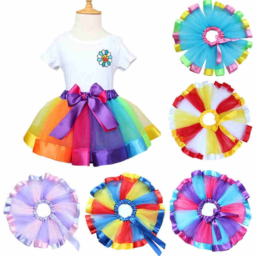 Girls Rainbow Tulle Skirs Mini Dress Princess Colorful Splicing Party Birthday Dancing Tutu Skirt