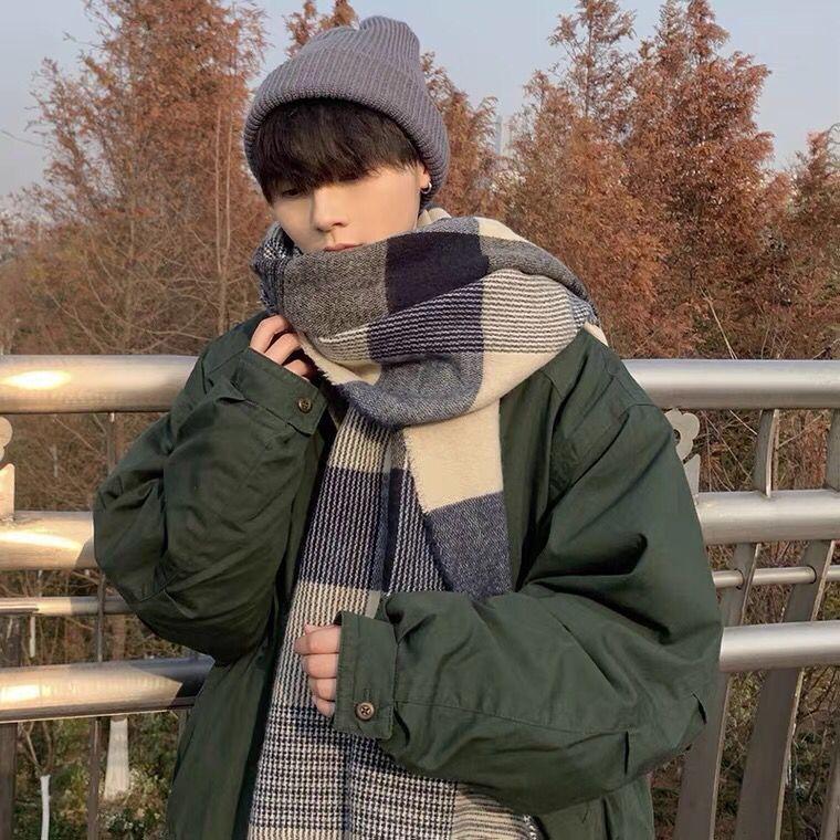 Plaid Scarf Men's Winter Korean Style Versatile Student Long Neck Warmer Birthday Gift for Boyfriend