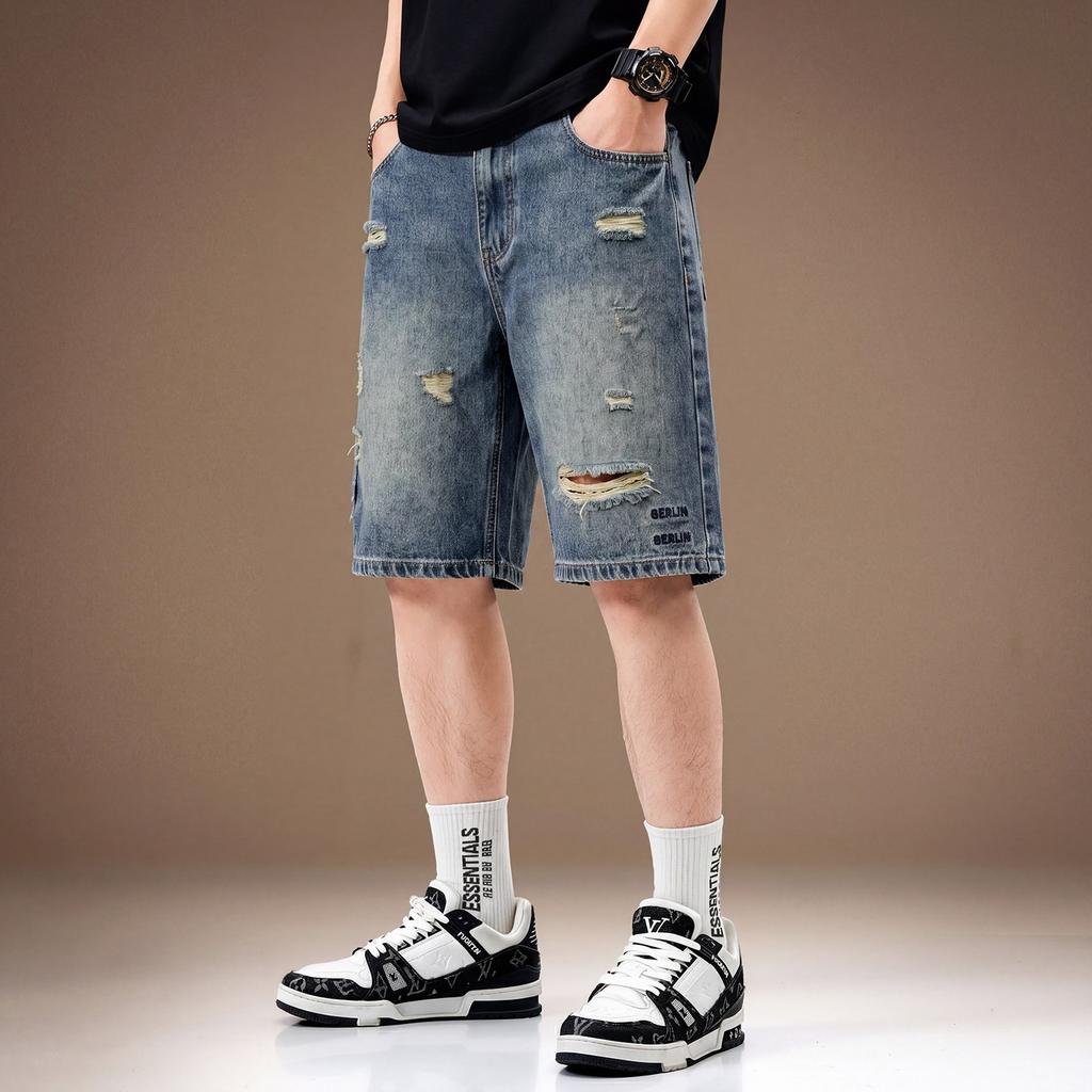 High-end American retro ripped washed old denim shorts men's summer thin breathable straight trendy five-point pants