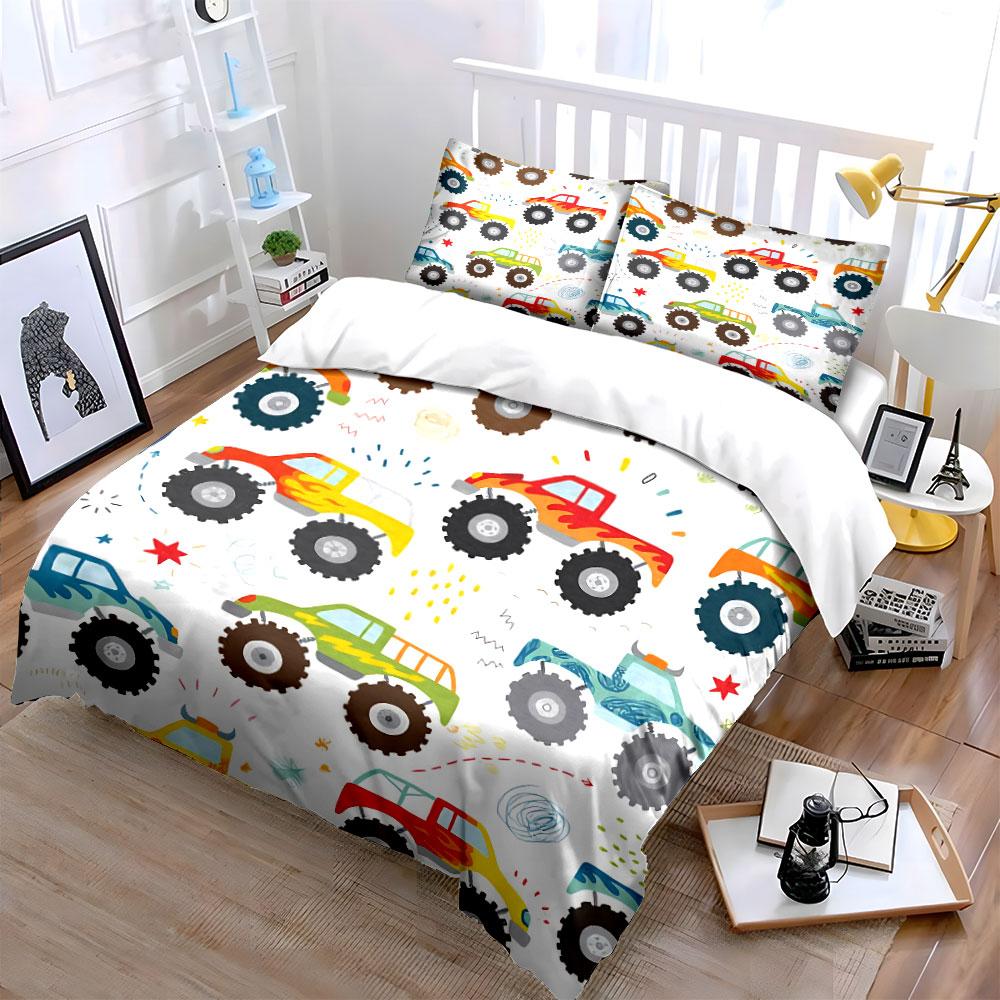 Colorful Monster Trucks Pattern Bedding Duvet Cover Set Duvet Cover Pillowcases (1*Duvet Cover 2*Pillowcases, without duvet insert)
