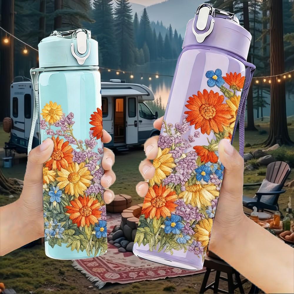 1PC Warm Tone Orange Yellow Flower Print 750ml Color Plastic Sports Water Bottle Leakproof Flip Straw Lid Suitable for Sports Office Home Use