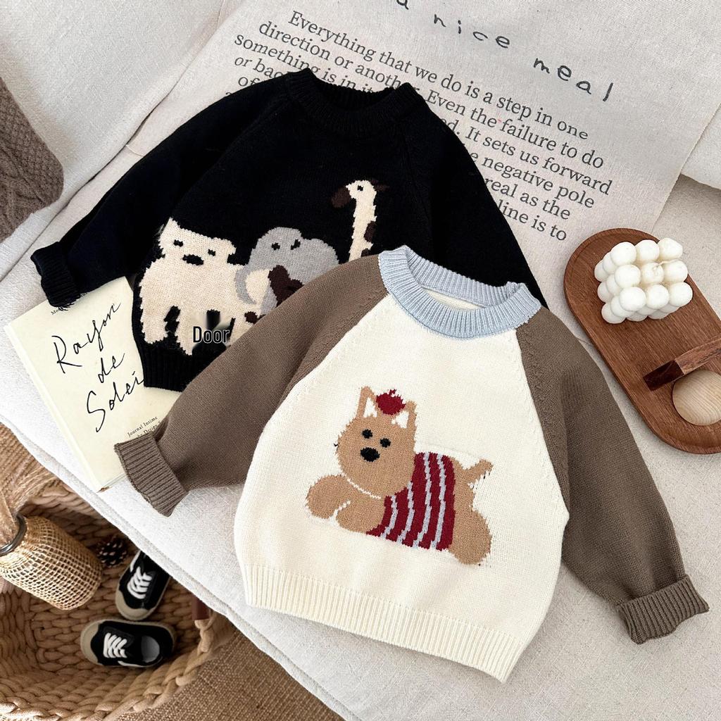 Korean-Style Cartoon Sweater for Infants & Toddlers - Unisex Round Neck Knit Top for Spring & Autumn