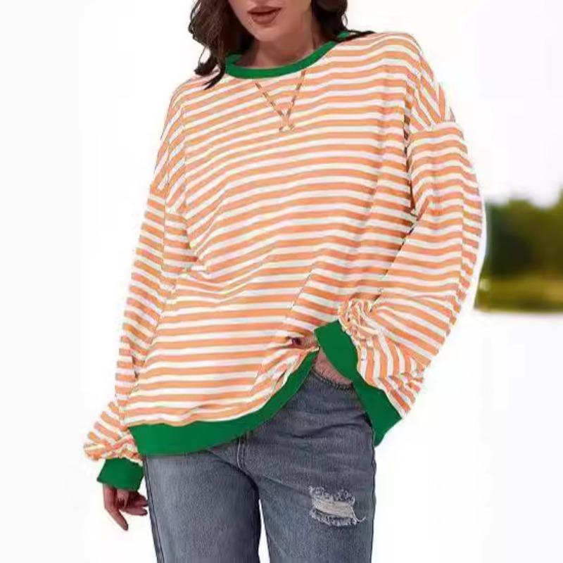 Herbst- und Winter-T-Shirt, minimalistisches Home-Casual-Streifenmuster, weiblicher Rundhalsausschnitt, langärmeliger Pullover, Farbblock-T-Shirt