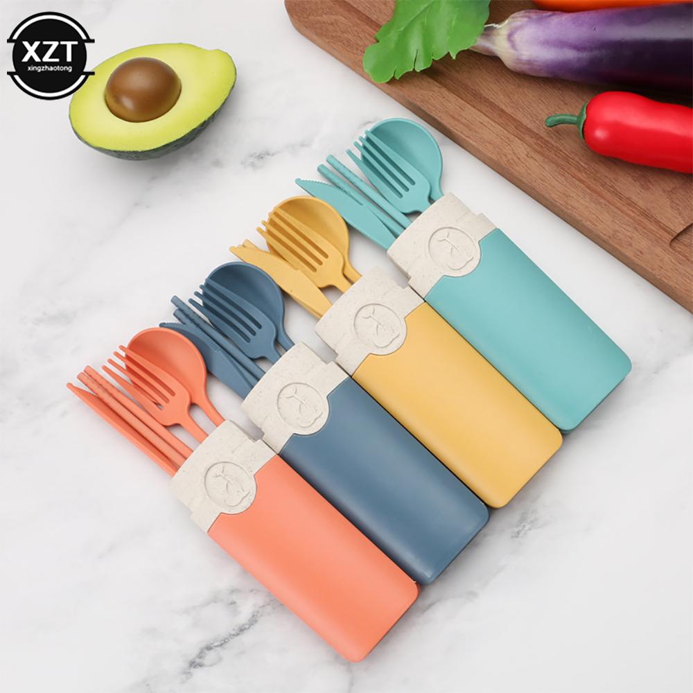 Portable Tableware Set Spoon Fork Knife Chopsticks With Carrying Box For Travel Picnic Camping Wheat Straw Cutlery Set