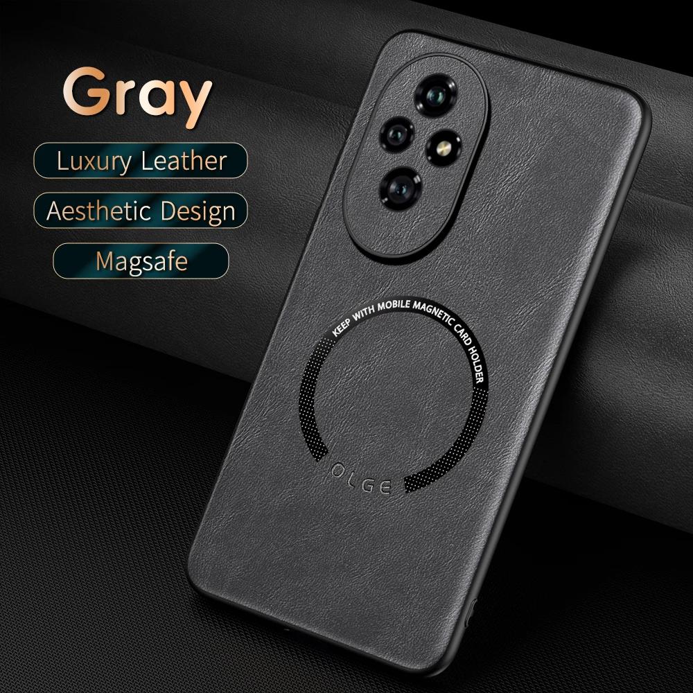 OLGE Luxury Texture Classic Leather Case for Huawei Honor 200 Support Car Mount Magnetic Stand Wireless Charging Protective Case
