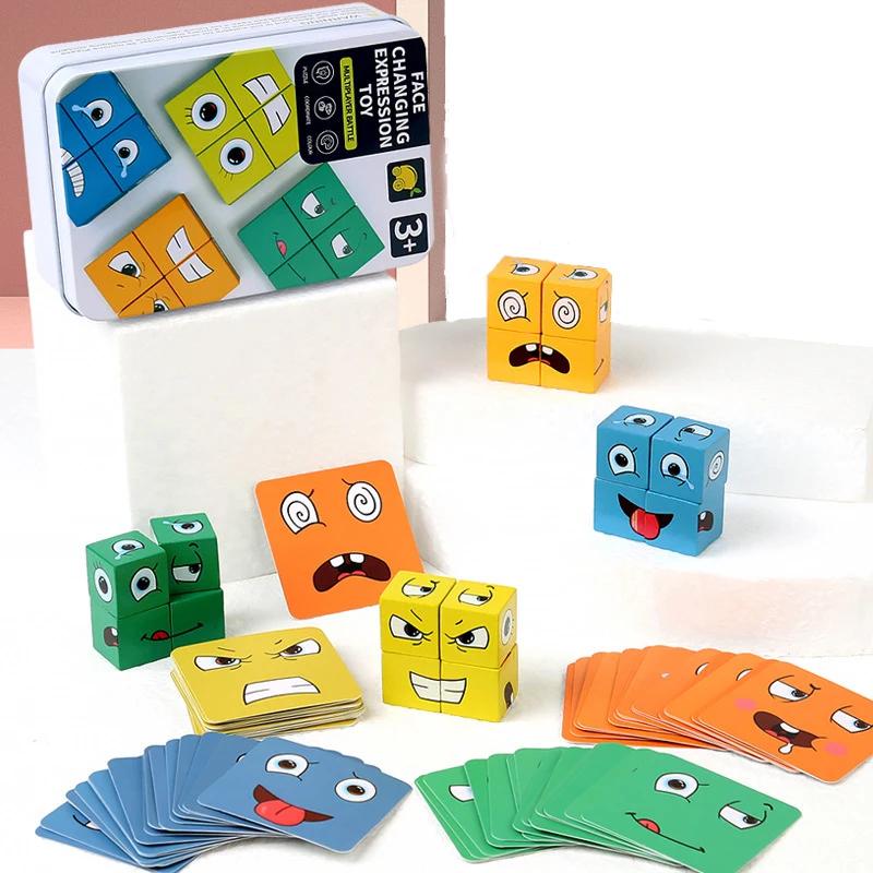 Wooden Face Changing Cube Toys Building Blocks For Cartoon Puzzle Montessori Jigsaw Kids Toy Educational Board Game Family Toys