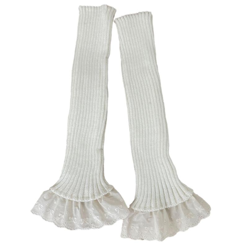 Ribbed Knitted Vertical Striped Leg Warmers Boot Cuffs Cute Ruffled Lace Hem Leg Covers Over Calf Long Socks for Women