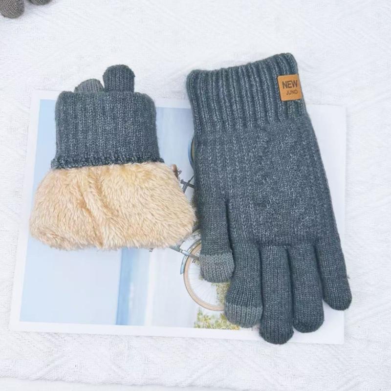 Men's Warm Gloves for Winter Cold Protection Double Layer Solid Color Knitted Gloves for Outdoor Cycling