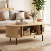 Oval Wooden Coffee Table, Sliding Doors, Hidden Storage, 100 x 55 x 40 cm, Natural Wood