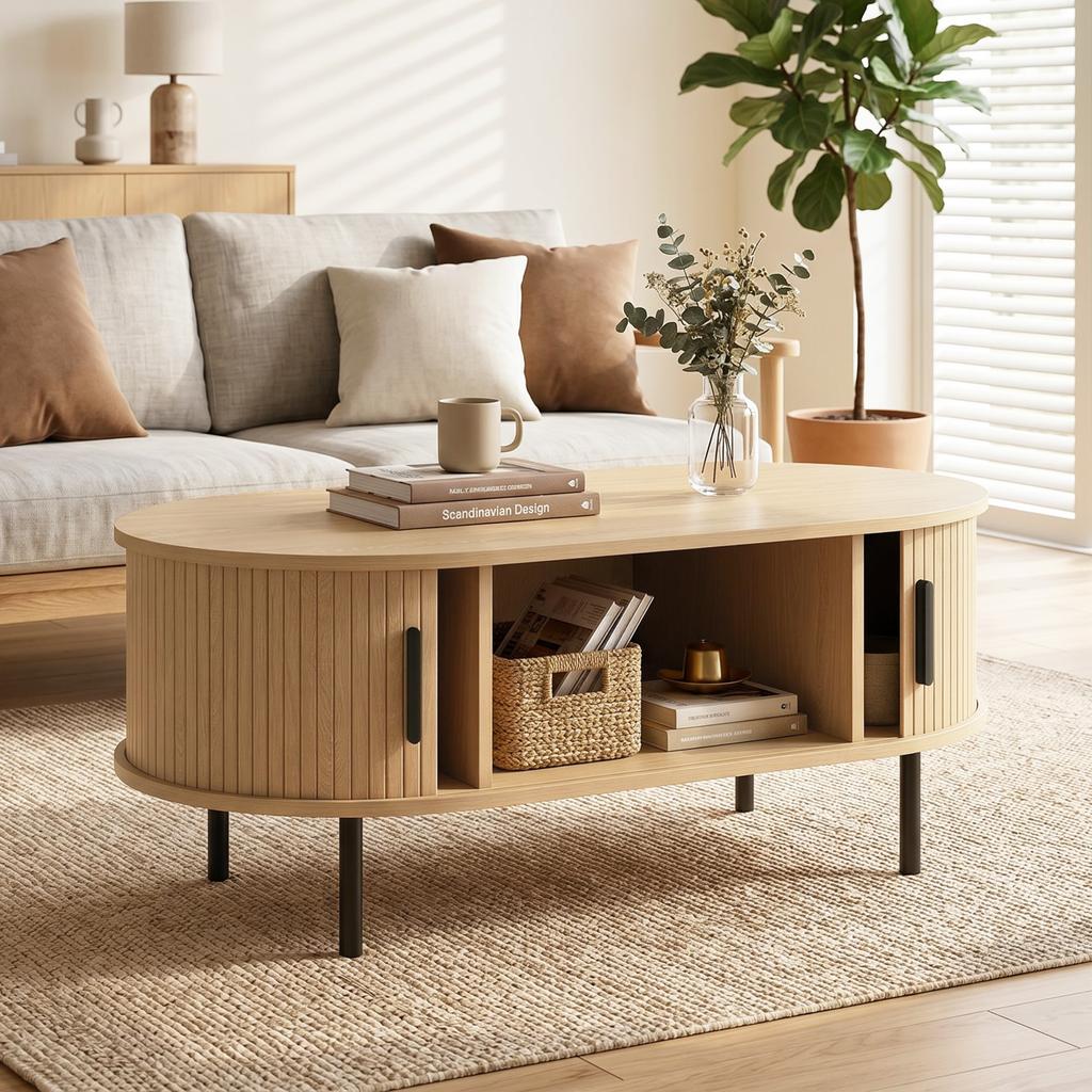 Oval Wooden Coffee Table, Sliding Doors, Hidden Storage, 100 x 55 x 40 cm, Natural Wood