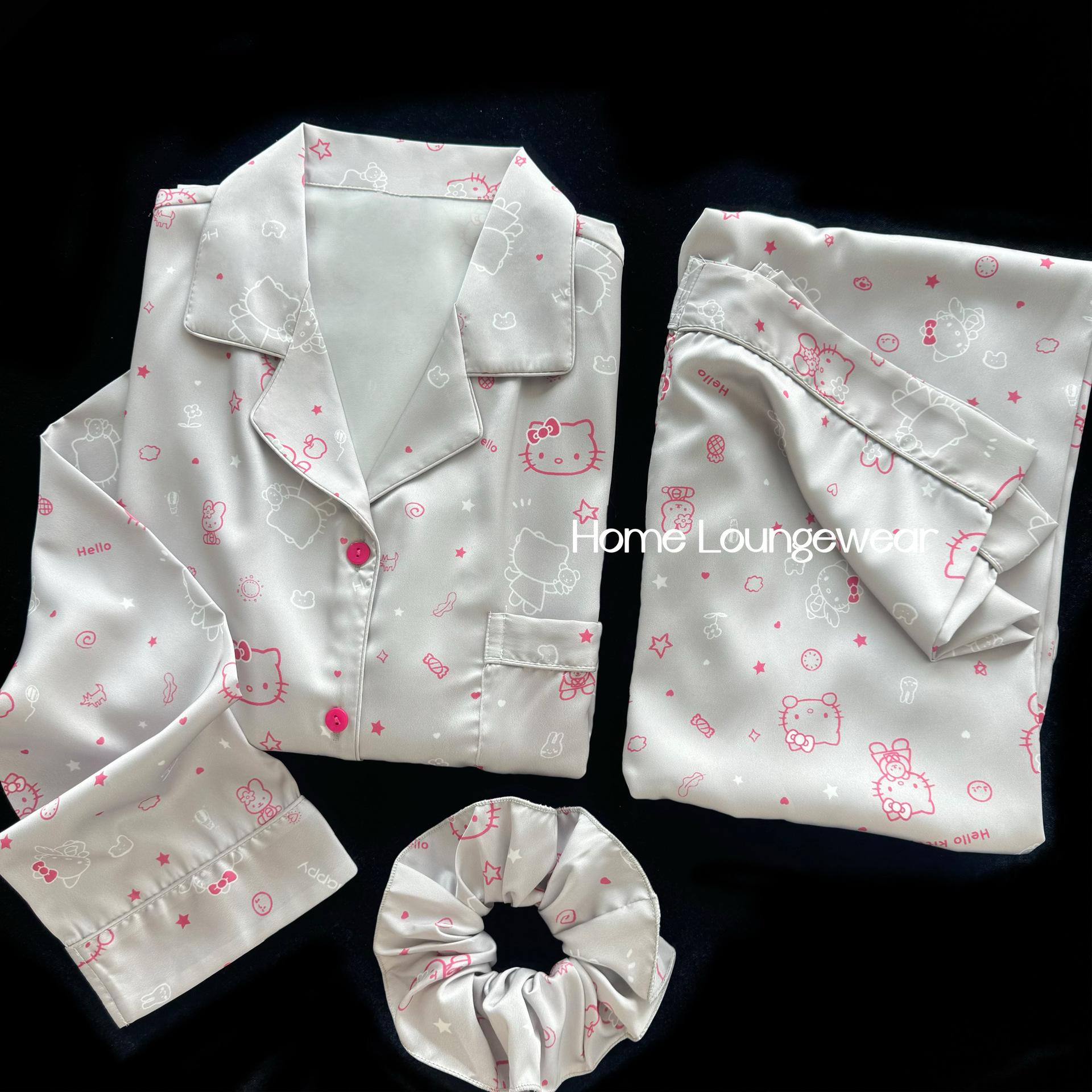 

KT Cat 2025 Новая женская пижама с длинным рукавом из ледяного шелка - Весна/Лето/Осень, Большой размер, Домашняя одежда высокого класса XL