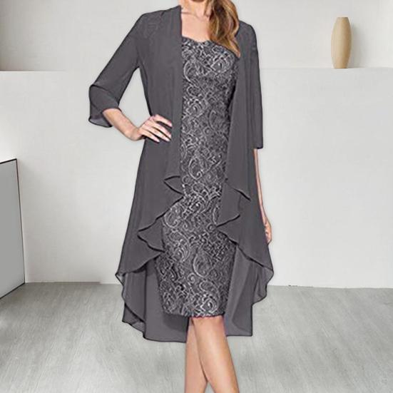 2 Pcs/Set Women Cardigan Dress Set Lace Floral Embroidery O Neck Slim Fit Midi Dress Irregular Three Quarter Sleeve Mid