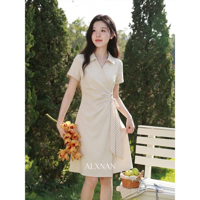 French Apricot V-Neck Midi Shirt Dress L